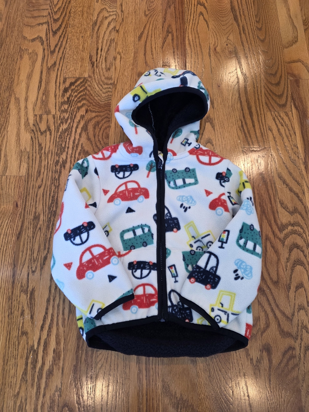 Kids Hooded Fleece Jacket in White with Multi-Color Car Print